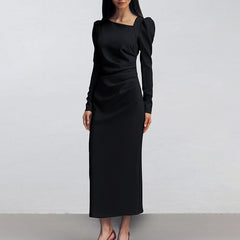 Elegant Asymmetric Collar Puff Sleeve Dress