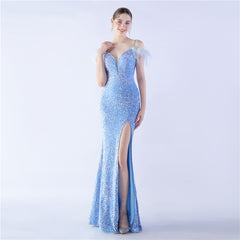 Elegant  Ostrich Feather Sequined Long Evening Dress