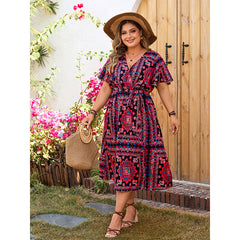 Plus Size Loose Printed Casual V Neck Dress
