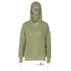 Women Hooded Long Sleeve Knitted Sweater