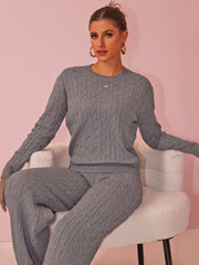 Women round Neck Cable Knit Sweater Knitwear Two Piece Sets