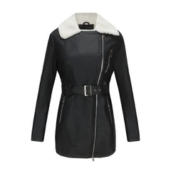 Long Sleeved Fleece Leather Double Headed Zipper Coat With Belt