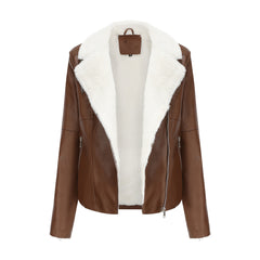 Women Fleece lined Long Sleeve Warm Fur Leather Jacket