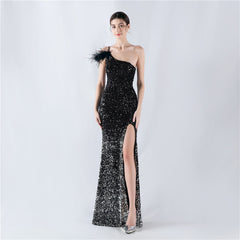 One Shoulder Gradient Velvet Bottom Sequin Feather Evening Dress