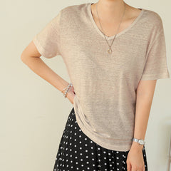 Short Sleeved Cotton Linen Loose T shirt Top