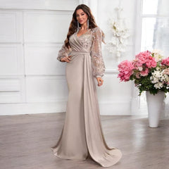 Women Sequined Satin V neck Long Sleeve Evening Gown