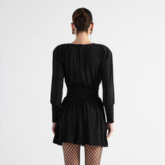 Women Solid Color Retro Long Sleeve Pleated Short Dress