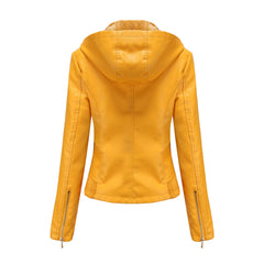 Women's Detachable Hat Hooded Fleece-Lined Leather Jacket