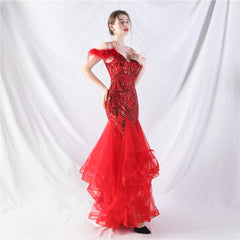 Elegant Ostrich Feather Mesh Floral Sequin Formal Dress