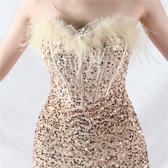 Elegant Boning Ostrich Plush Bottom Sequin Evening Dress