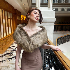 Elegant Furry off Shoulder Tube Top Shawl Formal Dress