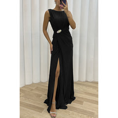 Women Pleated Split Sleeveless Evening Dress