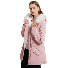 Women Mid-Length Fleece Lined Fur Collar Loose Winter Coat