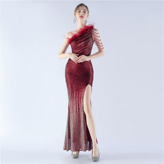 Elegant Gradient Sequin Beaded Feather Evening Dress