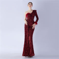 Elegant Feather Ruffled Side Slit Sequined Evening Dress