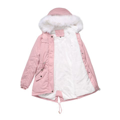 Women Cotton Padded White Fur Collar Hooded Velvet Coat