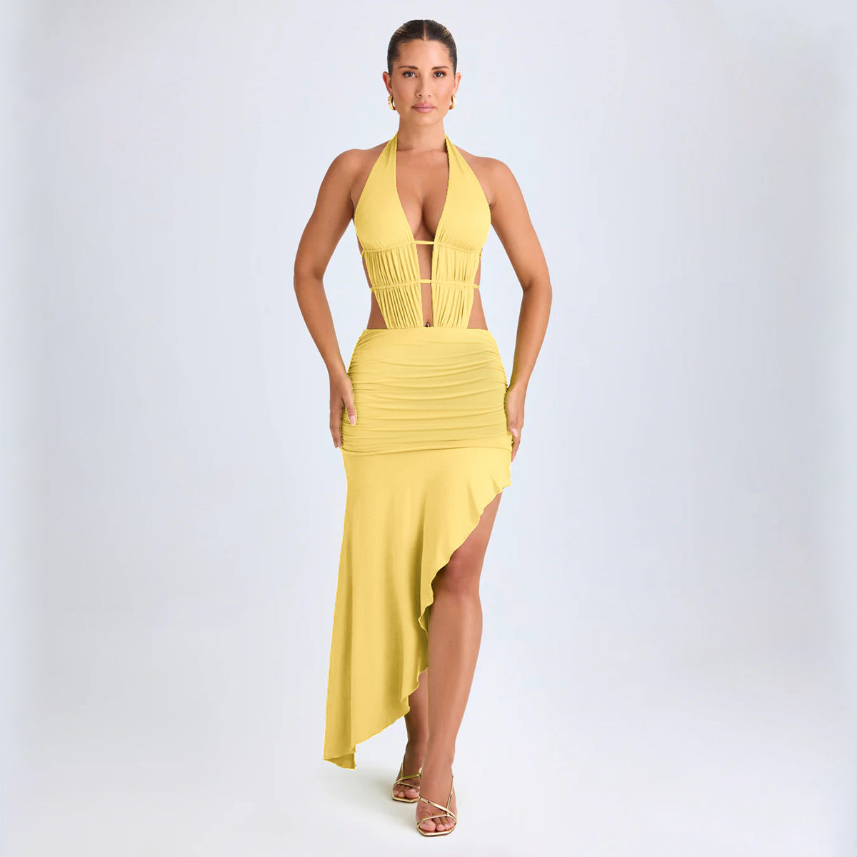 Asymmetric Pleated Backless Cutout Party Dress