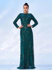 Long Sleeve Sequined Evening Dress