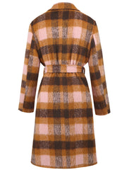 Women Double Breasted Color Contrast Check Woolen Coat