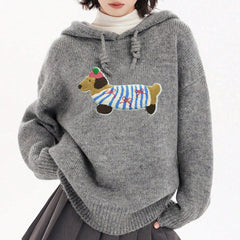 Sausage Dog Towel Embroidery Hooded Pullover Sweater