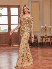 3/4 Sleeve Sequin Slim Fishtail Cocktail Evening Dress