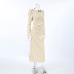 Elegant Asymmetric Collar Puff Sleeve Dress