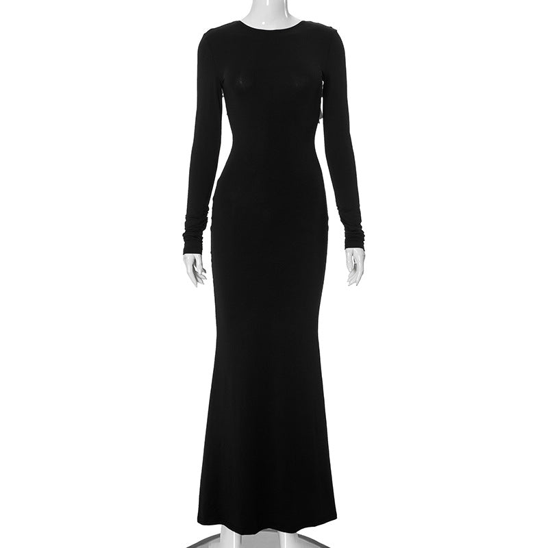 Women Backless Bow Long Sleeve Narrow Maxi Formal Dress