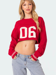 Red Digital Floral Print Long Sleeve Sports Cropped Sweater