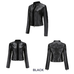 Women Rivets Leather Short Thin Stand Collar Jacket