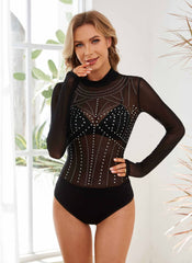 Long Sleeve round Collar Gauze Rhinestone Turtleneck Bodysuit