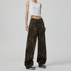 Retro Wide Leg Leopard Print Loose Wide Leg Jeans