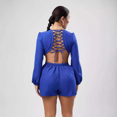 Long Sleeve V Neck Lace Up Cutout Shorts Suit