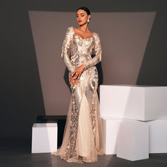 Long Sleeve Sexy Sequin Cocktail Evening Dress