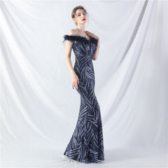 Elegant Boning Corset Ostrich Feather Sequined Evening Dress