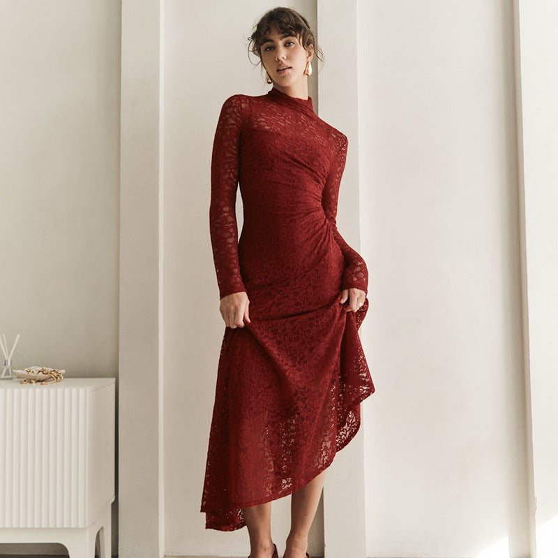 Women Lace Stitching Pleated Long Sleeve Dress