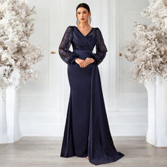 Women Sequined Satin V neck Long Sleeve Evening Gown