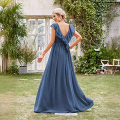 Long V neck Backless Chiffon Evening Dress