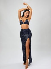 Sexy Sequined High Slit Skirt Set