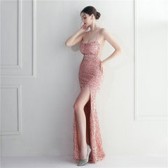 Elegant Velvet Bottom Sequin Halter Evening Dress