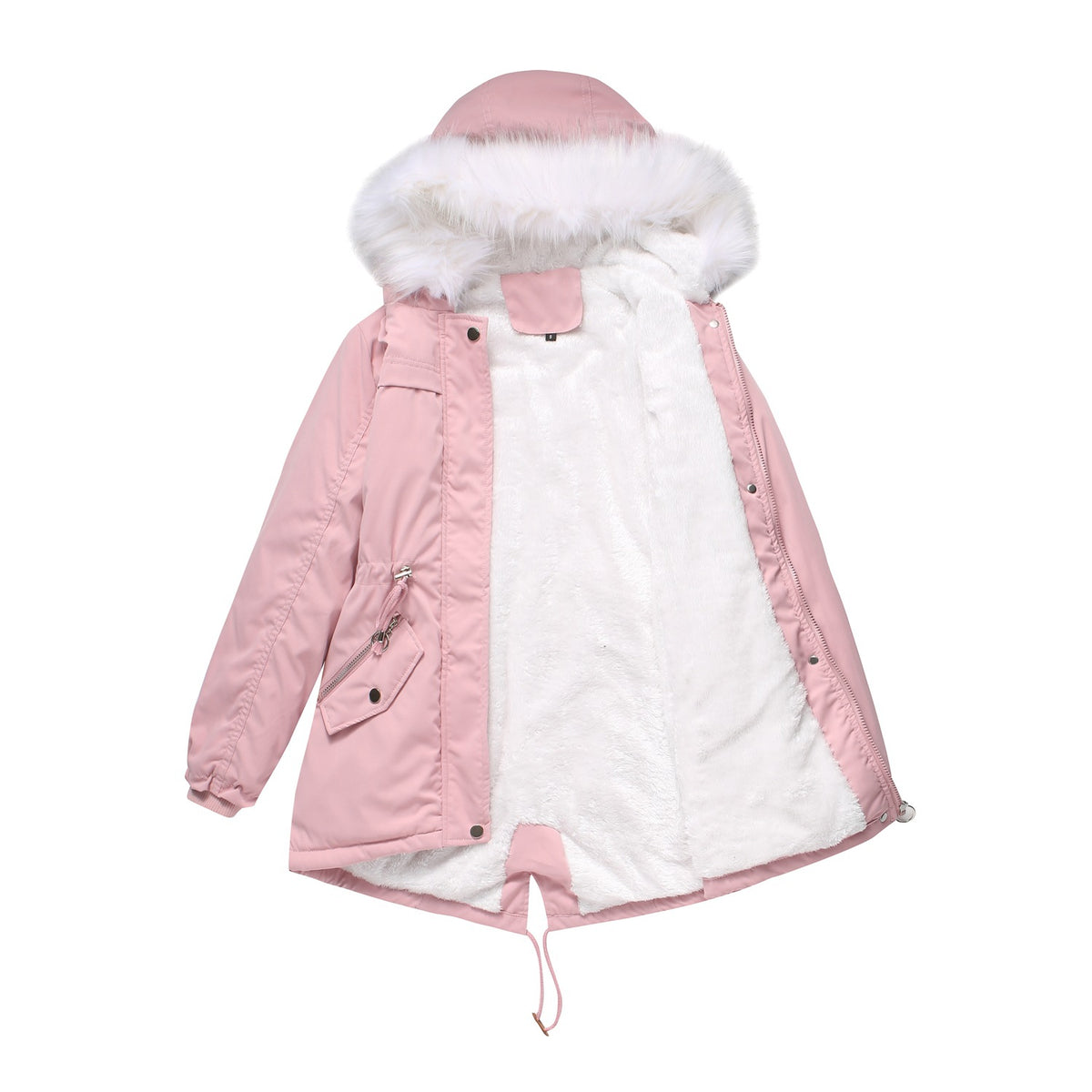 Women Mid-Length Fleece Lined Fur Collar Loose Winter Coat