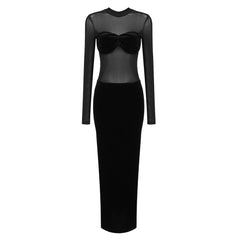 Black Long Sleeve Mesh Velvet Stitching Formal Dress