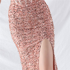 Elegant Boning Ostrich Plush Bottom Sequin Evening Dress