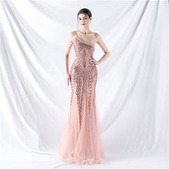 Elegant Beaded Floral Sequin Mesh Evening Dress