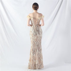 Elegant Boning Corset Ostrich Feather Sequined Evening Dress