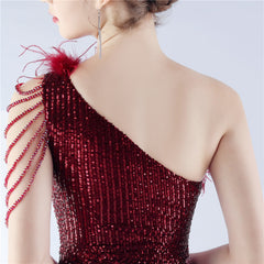 Elegant Gradient Sequin Beaded Feather Evening Dress