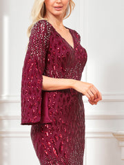 Long Sleeve Deep V Plunge Sequin Fishtail Evening Dress