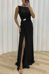 Women Pleated Split Sleeveless Evening Dress