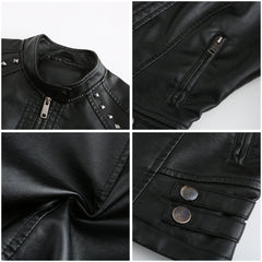 Women Rivets Leather Short Thin Stand Collar Jacket