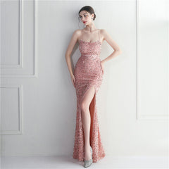 Elegant Velvet Bottom Sequin Halter Evening Dress