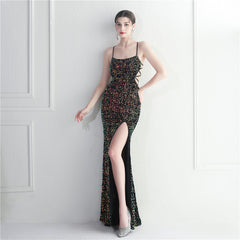 Elegant Velvet Bottom Sequin Halter Evening Dress